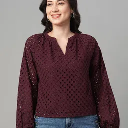 all about you Women Self Design Puff Sleeve Cotton Schiffli Top image 1