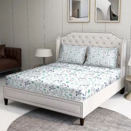 BOMBAY DYEING Blue & White Floral Printed 164 TC Queen Bedsheet Set 2.29 m x 2.74 m-image-1
