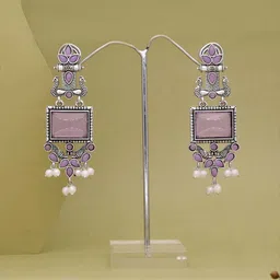 Anouk Silver Plated Stones Studded & Beaded Oxidised Peacock Shaped Drop Earrings image 4