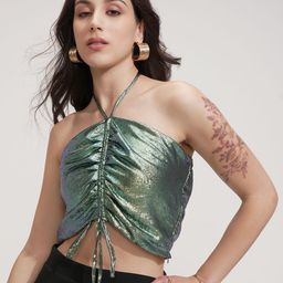 Tokyo Talkies Women Halter Neck Shimmer Ruched Tube Top-picture-31