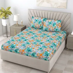 BOMBAY DYEING Green & Orange Floral 104 TC Queen Bedsheet with 2 Pillow Covers image 1