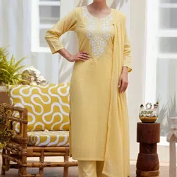 Sangria Chikankari Round Neck Straight Kurta & Trousers With Dupatta-image-100