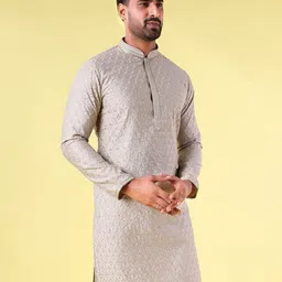 AURIK Woven Design Mandarin Collar Beads & Stones Straight Kurta image 5