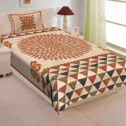 ABHACLOTHO Cream-Coloured Floral 144 TC Single Bedsheet with 1 Pillow Covers-picture-12