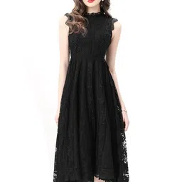 JC Collection Women Floral Self Design Mock Neck Semi Sheer Fit & Flare Midi Dress-picture-34