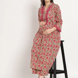 Aujjessa Floral Printed A-Line Pure Cotton Maternity Feeding Kurta with Trousers image 5