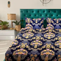 Ackross Blue & Yellow Floral Printed 144 TC Queen Bedsheet 2.25 m X 2.54 m-image-21