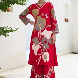 HERE&NOW Floral Printed Regular Sequinned Kurta With Palazzos image 2