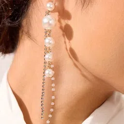 FIMBUL Gold-Plated Rhinestone Studded And Pearls Beaded Tasselled Spherical Drop Earrings image 5