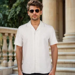 Celio Men Regular Fit Cuban Collar Vertical Striped Pure Linen Casual Shirt-picture-28