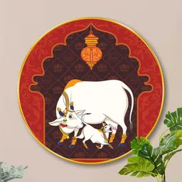 Livin'luxe Red & White Kamdhenu Cow Wall Hallway Round Painting Wall Art 20" x 20"-picture-25