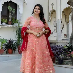 Jaipurite Women Floral Printed Tiered Sequinned Organza Kurta with Palazzos & Dupatta-image-52