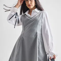 ESPYR By Tokyo Talkies Women Shirt Collar Bell Sleeves Pinafore Mini Dress-picture-29