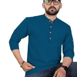 Edin Men Solid Straight Roll Up Sleeve Kurta image 2