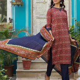 KALINI Ethnic Motifs Printed Pure Cotton Kurta with Trousers & Dupatta image 5