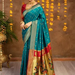Mitera Woven Design Zari Silk Blend Paithani Saree image 4