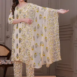 Jyoti Floral Printed Round Neck Pure Cotton Straight Kurta With Trousers & Dupatta-image-23