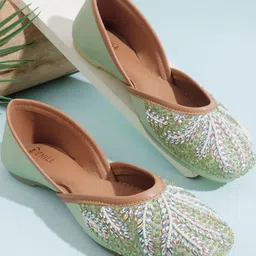 Denill Women Green Embroidered Square Toe Ballerinas-image-12