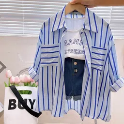 Xsole Girls Striped Shirt With Printed T-shirt And Shorts-image-9