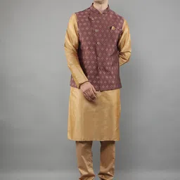 Manish Creations Woven Design Mandarin Collar Straight Kurta with Churidar & Nehru jacket-image-44