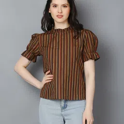 Zuvino Women Striped Puff Sleeve Ruffles Blouson Top image 1