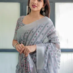 MAHARANI COUTURE Ethnic Motifs Printed Woven Design Border Pure Linen Banarasi Saree-picture-31