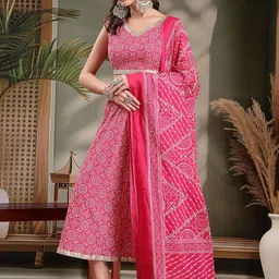 HERE&NOW Women Ethnic Motifs Printed Pure Cotton A-Line Kurta with Skirt & Dupatta image 2