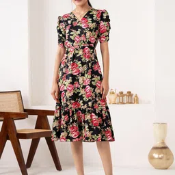 DressBerry Women Floral Print Puff Sleeve Fit & Flare Dress-image-88