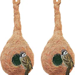 CR-1 Quality Safest Round Organic Bird Nest Purely Handmade Sparrow (Brown) -Set of 2 (2 Nos) Bird House-image-1