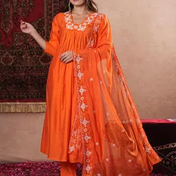 DIVASTRI Women Embroidered Regular Kurta with Trousers & With Dupatta image 3