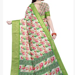 SSHAGUN LIFESTYLE Green Embellished Floral Print Woven Bollywood Cotton Silk Saree image 4