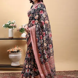 Moda Rapido Floral Zari Linen Blend Saree image 5