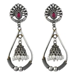 VENI 925 Silver Plated Pearls Beaded Oxidised Teardrop Shaped Drop Earrings image 5