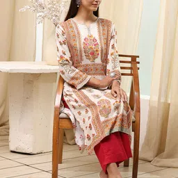 Biba Women Floral Printed Mirror Work Kurta-image-51