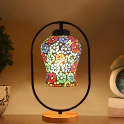 Devansh Black & White Textured Glass Wooden & Iron Table Lamp image 4