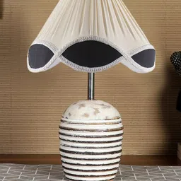 Devansh Off-White and Black Vintage shade with round wooden Brushed Table Lamps image 2