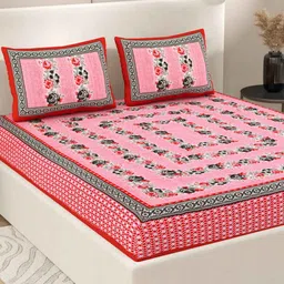 patricko Pink Floral 200 TC Cotton Double Queen Sized Bedsheet With 2 Pillow Covers image 1