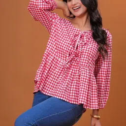 DECORIS Checked Tie-Up Neck Cotton Peplum Top image 2