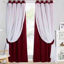 BFAM Maroon & White 2 Pieces Black Out Thermal Insulated Door Curtains-picture-19