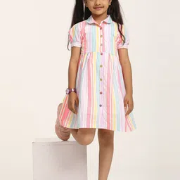 ZION Girls Striped Puff Sleeve Cotton Shirt Dress-picture-28