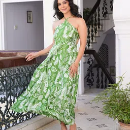 YASH GALLERY Women Floral Print Halter Neck Midi Fit & Flare Dress-image-0