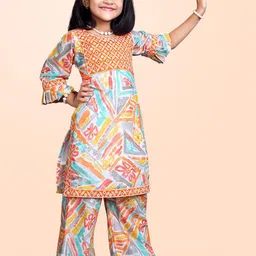 satyamfab Girls Abstract Printed Mirror Work Georgette Straight Kurta With Trousers-picture-25
