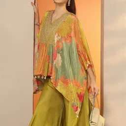 Libas Art Floral Printed Mirror Work Silk Crepe Top with Palazzos-picture-36