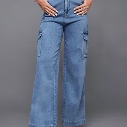 Miss Chase Women Wide Leg High-Rise Light Fade Cargo Styles Stretchable Jeans-image-79