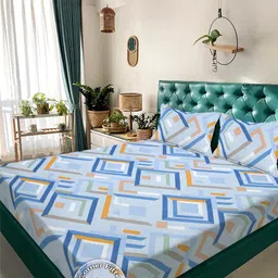 KLOTTHE Blue Geometric 300 TC Cotton Blend Fitted Double Bedsheet with 2 Pillow Covers-image-80