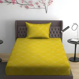 WEAVE AND DECOR Yellow & White 300 TC Single Bedsheet with 1 Pillow Covers-picture-34