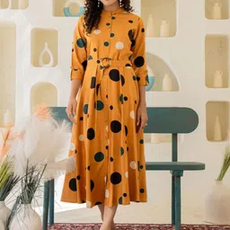Kaftanize Mustard Yellow Base White & Dark Green Big Polka Dot Print Midi Dress-picture-23