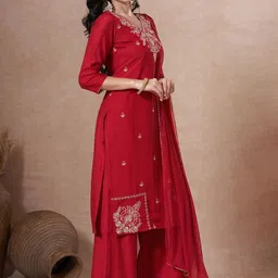 KALINI Floral Embroidered Thread Work Straight Kurta With Palazzos & Dupatta image 5