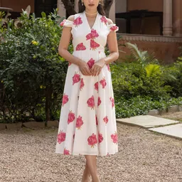 FIORRA Women Floral Print Cold-Shoulder Fit & Flare Midi Dress-image-7