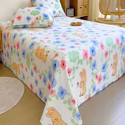 JC HOME White & Blue Floral 140 TC Single Bedsheet with 1 Pillow Covers image 3